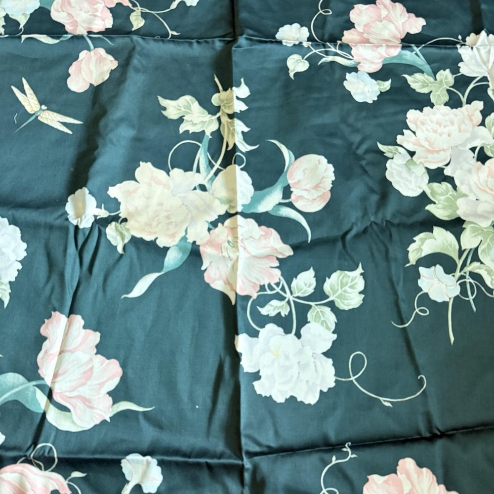 Vintage Schumacher Venus Floral Fabric Panel Pink Roses Dark Teal Cottagecore - Picture 3 of 14